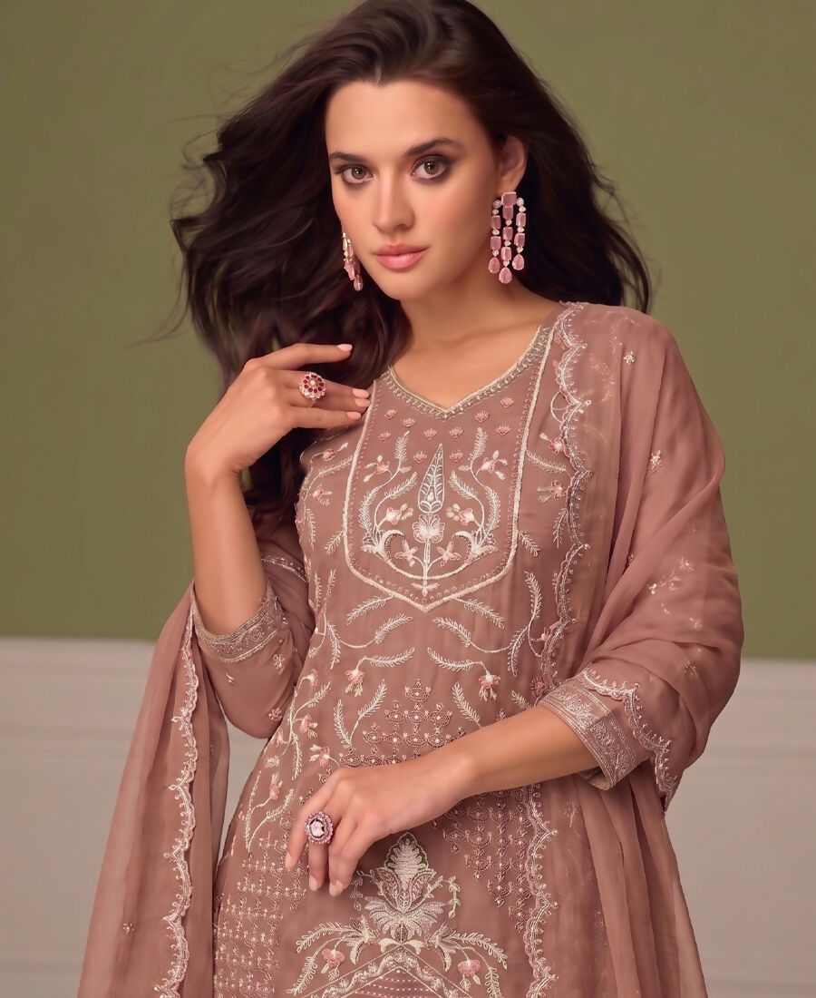 KC Beautiful Peach Chiffon Silk Hand Embroidery Suit For Women | Grocsy