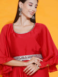 Women Republic Red Georgette Gown With Embellished Belt | Grocsy