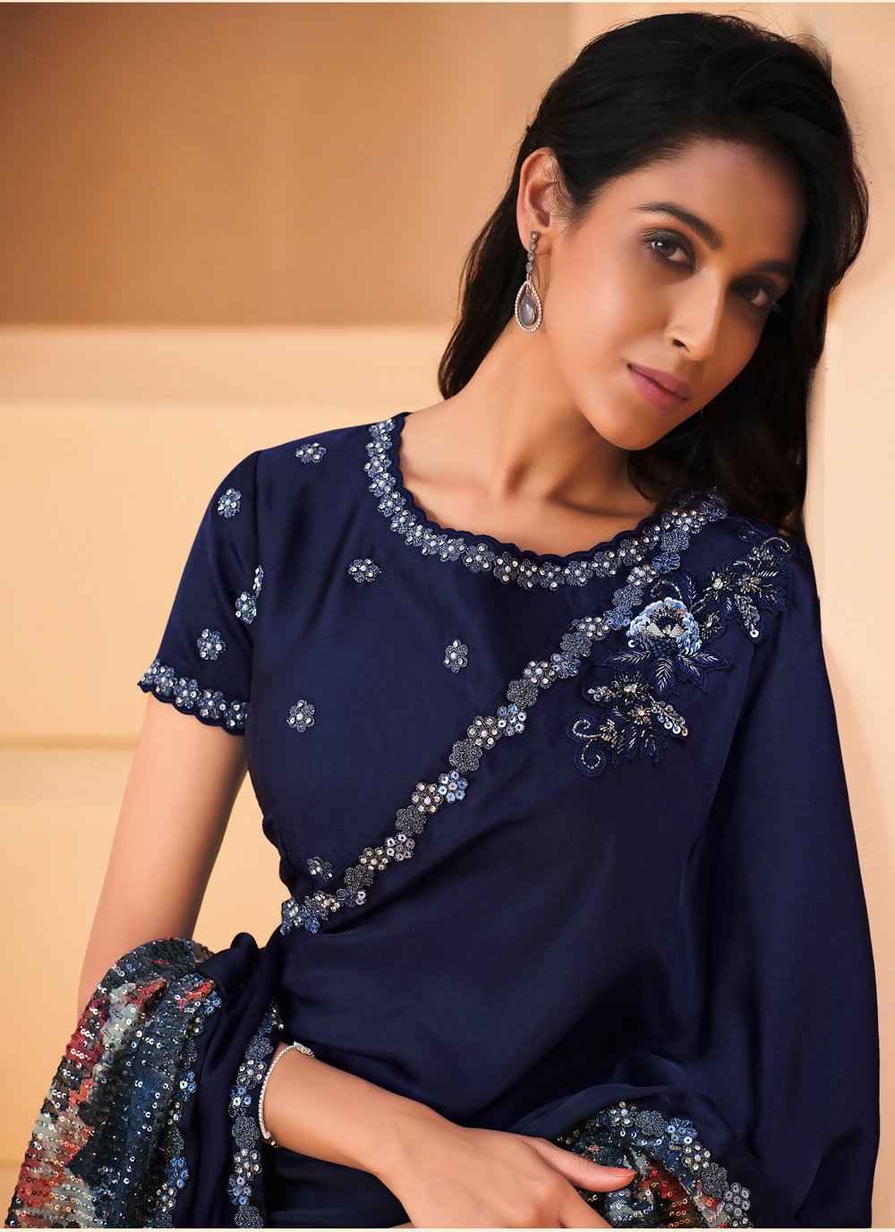 Navy Blue Satin Crepe Silk Embroidery with Digital Sequence Work Saree - Norita Helly | Grocsy