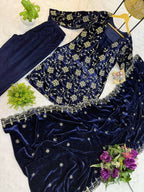 Vastranavya Blue Velvet Front Embroidery Work Kurta With Bottom & Dupatta | Grocsy