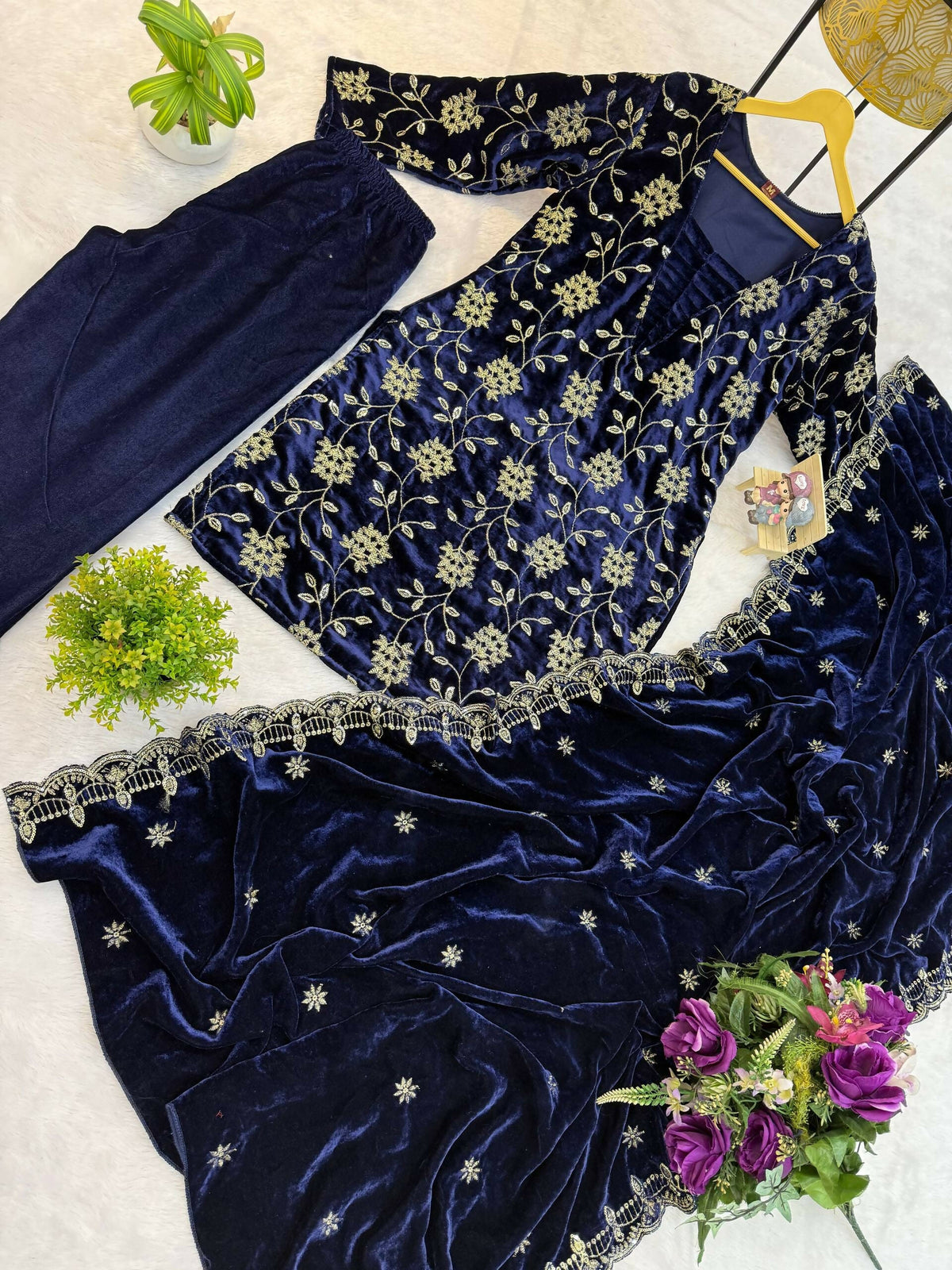 Vastranavya Blue Velvet Front Embroidery Work Kurta With Bottom & Dupatta | Grocsy