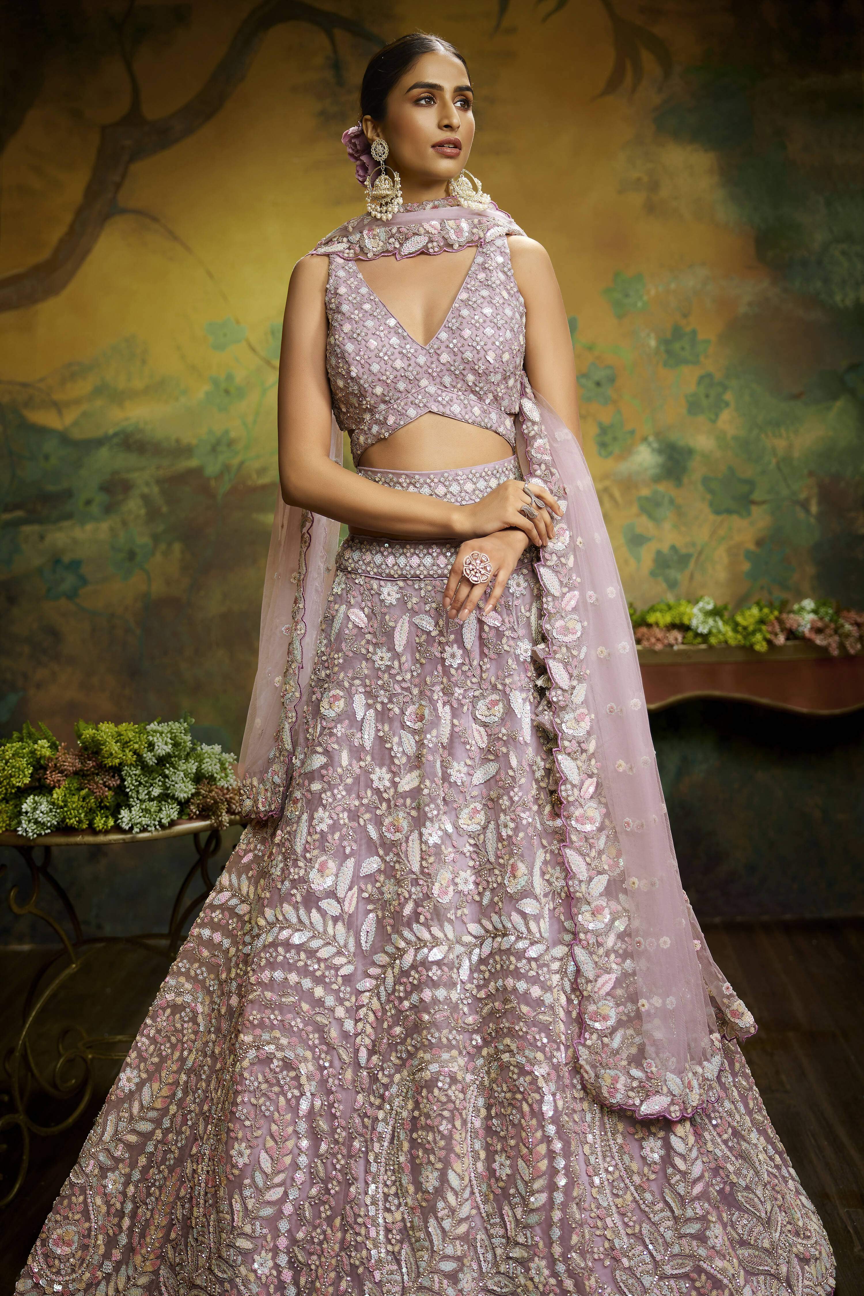 House of Panchhi Mauve Net Multi Sequins with heavy Zarkan embroidery Lehenga choli & Dupatta | Grocsy