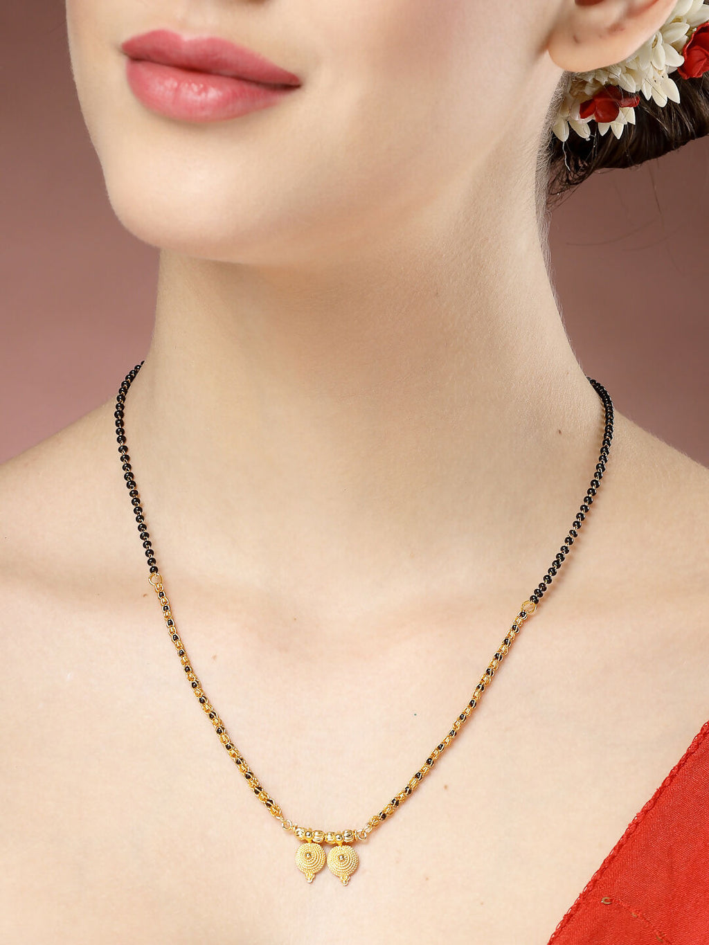 NVR Women's Set of 5 Gold-Polished Black Beaded Mangalsutra | Grocsy