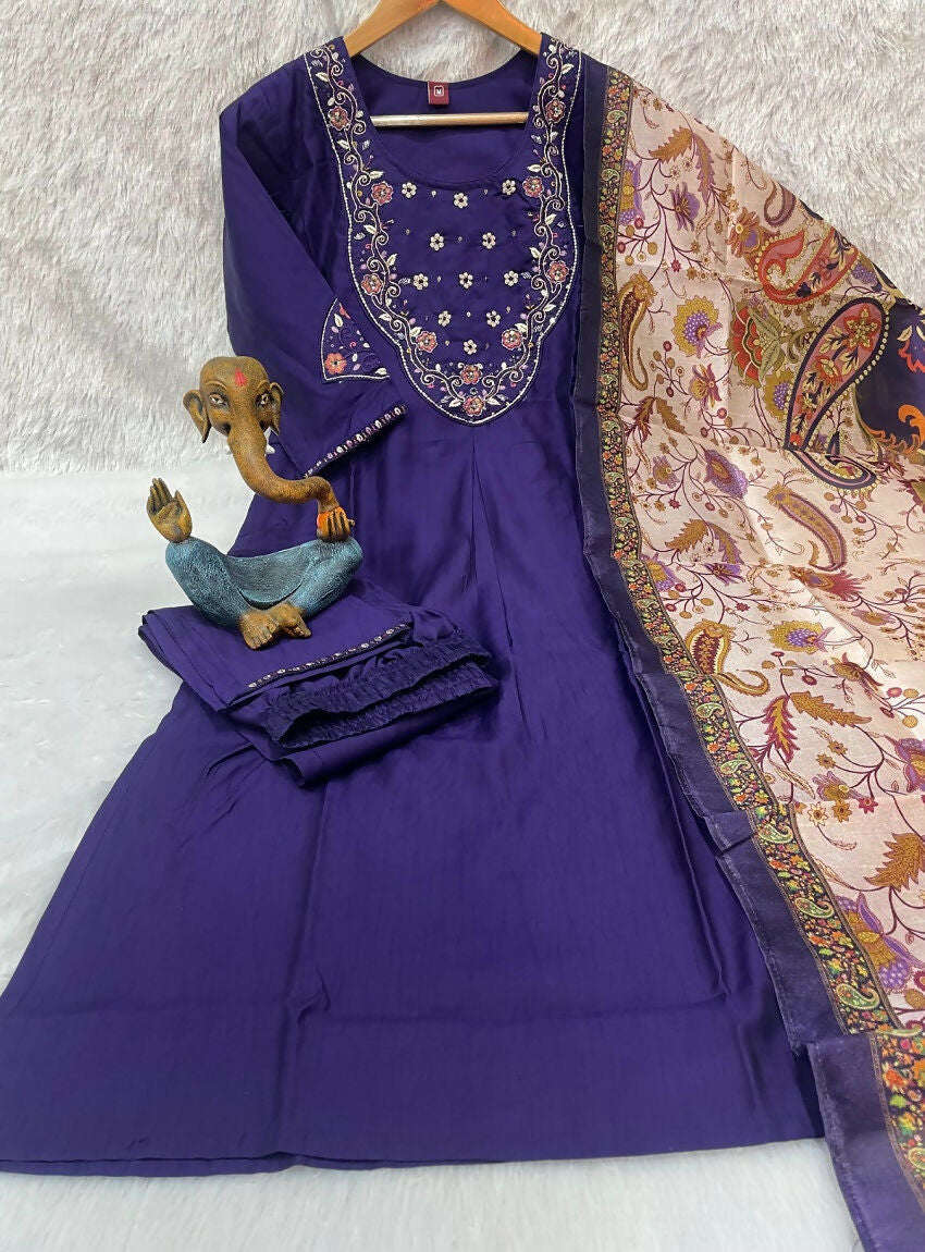 Teeya Creation Women Purple Embroidered Straight Kurta Set With Dupatta | Grocsy