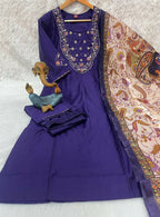 Teeya Creation Women Purple Embroidered Straight Kurta Set With Dupatta | Grocsy
