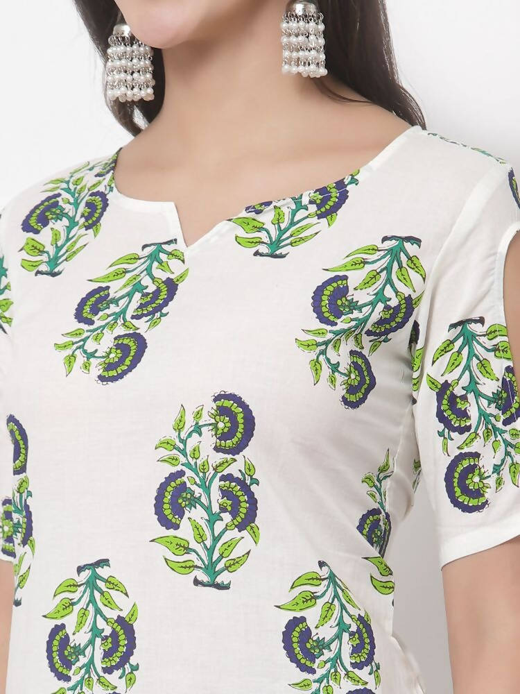 Myshka Women's White Cotton Blend Printed Half Sleeves V Neck Casual Kurta with Palazzo Set | Grocsy