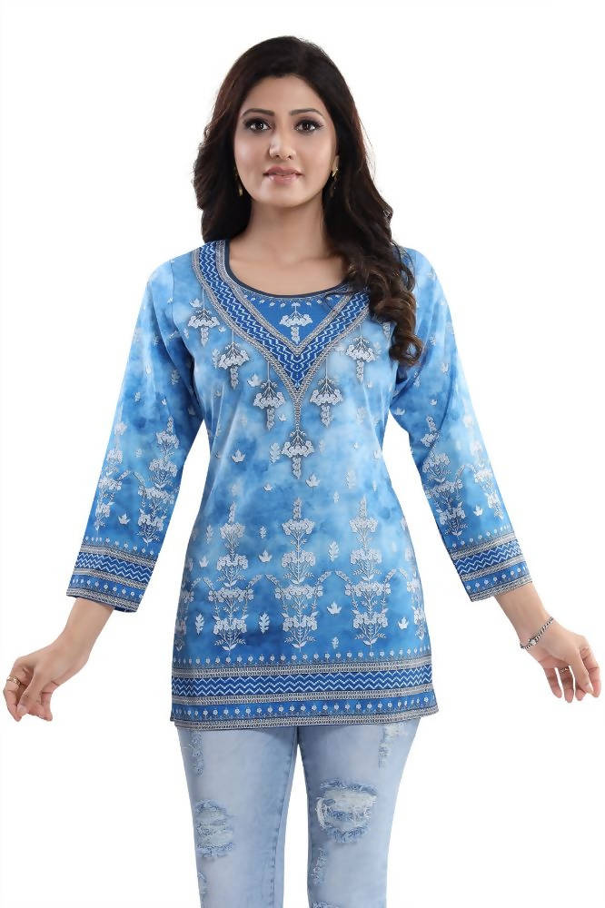 Snehal Creations Novelista Sky Blue Faux Crepe Printed Short Kurti Tunic | Grocsy