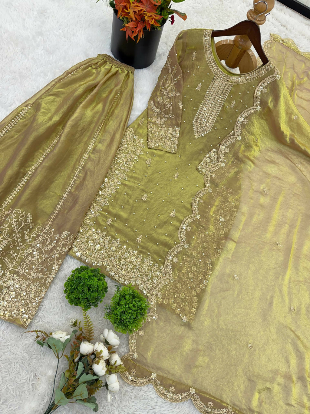 Teeya Creation Womens New Trendy Embroidery Coding And Sequence Work Light-Green Kurta Set | Grocsy