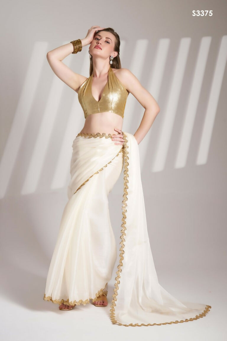 White Burberry Organza Solid Fancy Designer Saree - Nafisa | Grocsy