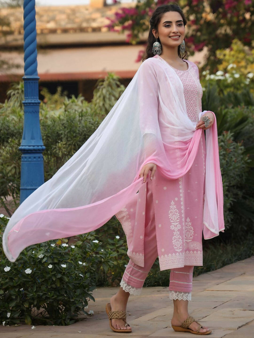 Juniper Women's Pink Cambric Floral Print Kurta Straight Pant And Duptta Sets | Grocsy