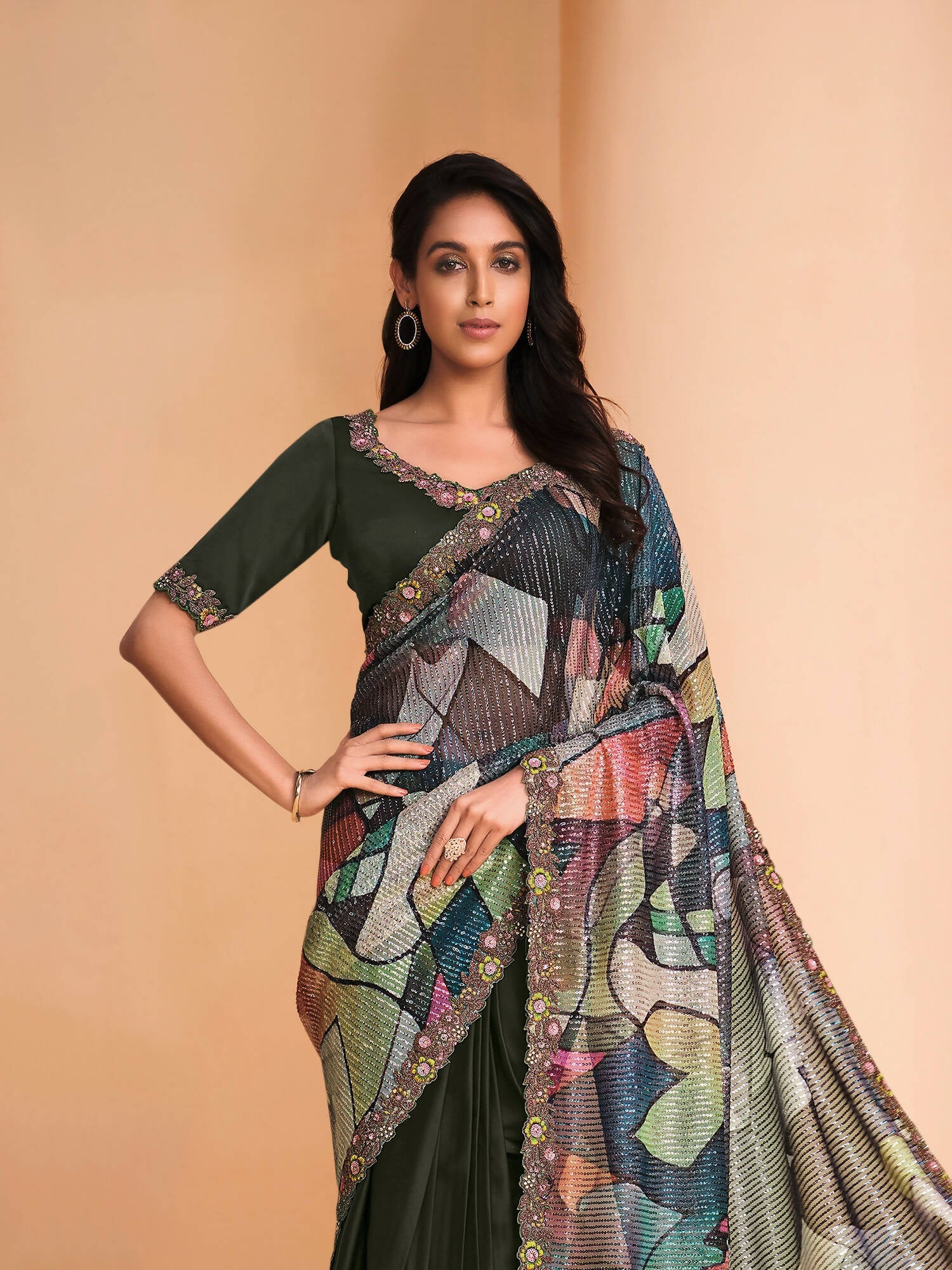 Green Satin Crepe Silk Sequence Embroidered Saree With Unstitched Blouse - Mohmanthan Yavanika | Grocsy