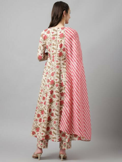 FIORRA Women's Beige Pure Cotton Flared Kurta Pant With Dupatta | Grocsy