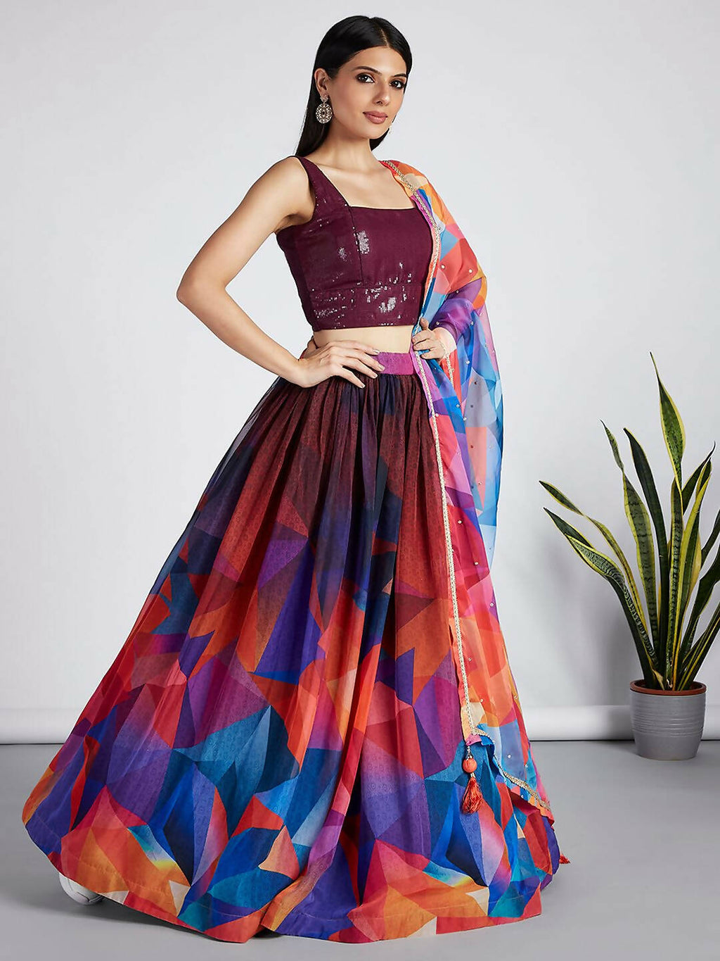 House of Panchhi Multi colour Organza Abstrack design digital print Semi-Stitched Lehenga choli & Dupatta | Grocsy