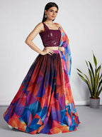 House of Panchhi Multi colour Organza Abstrack design digital print Semi-Stitched Lehenga choli & Dupatta | Grocsy