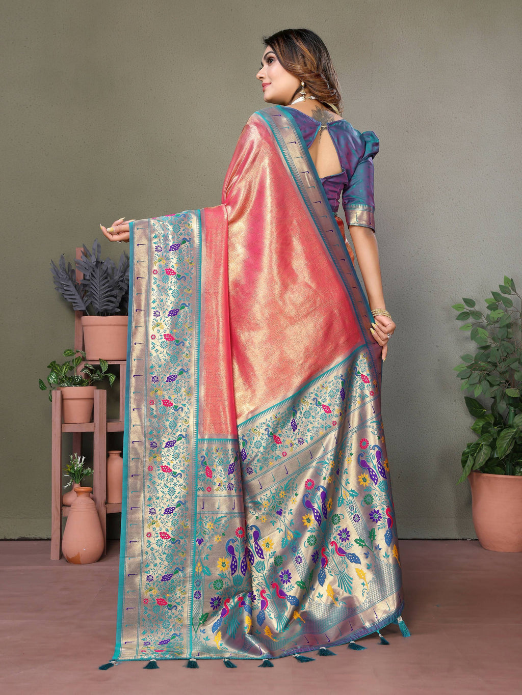 Aastha Fashion Dusty Pink Tissue Silk Paithani Woven Saree | Grocsy