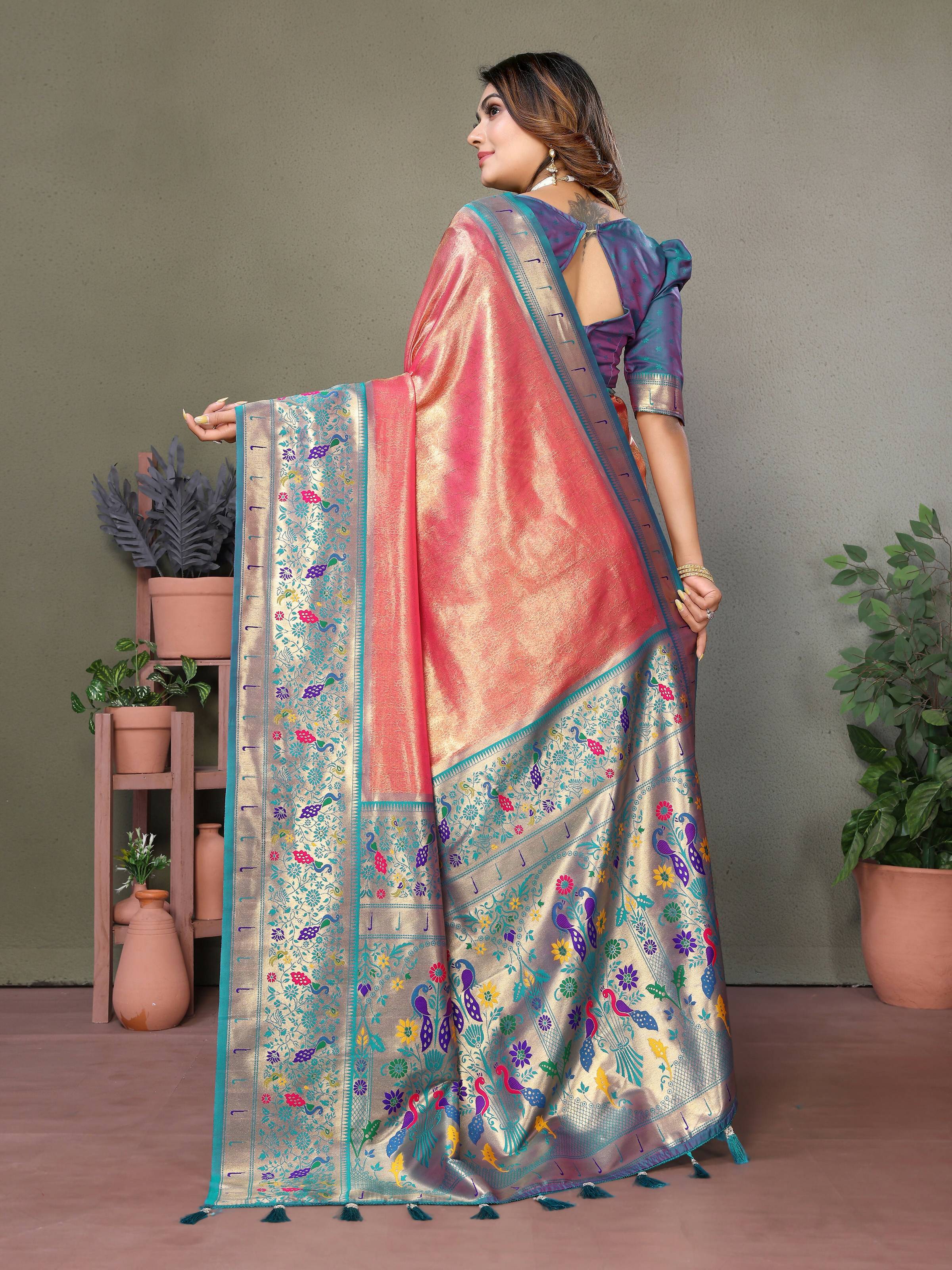 Aastha Fashion Dusty Pink Tissue Silk Paithani Woven Saree | Grocsy