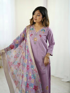 The52 Lavender Women's Gorgeous Embroidered work Viscose Gadhwal Fabric Straight Kurta, Pant and Dupatta Set | Grocsy