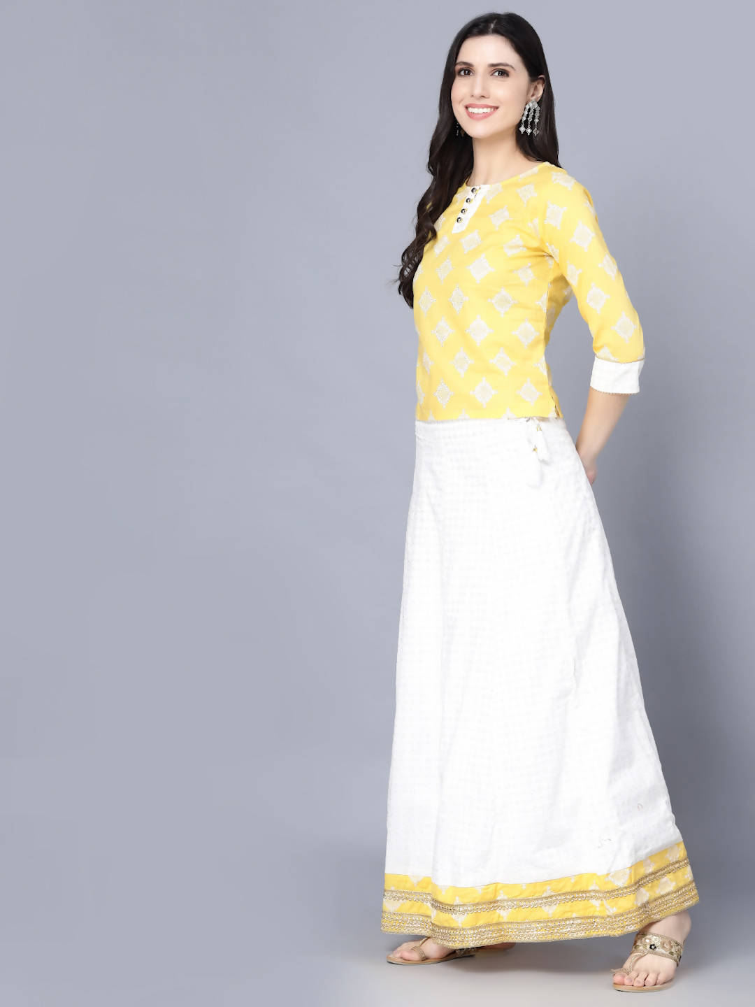 Myshka Yellow White Printed Ready to Wear Lehenga | Grocsy