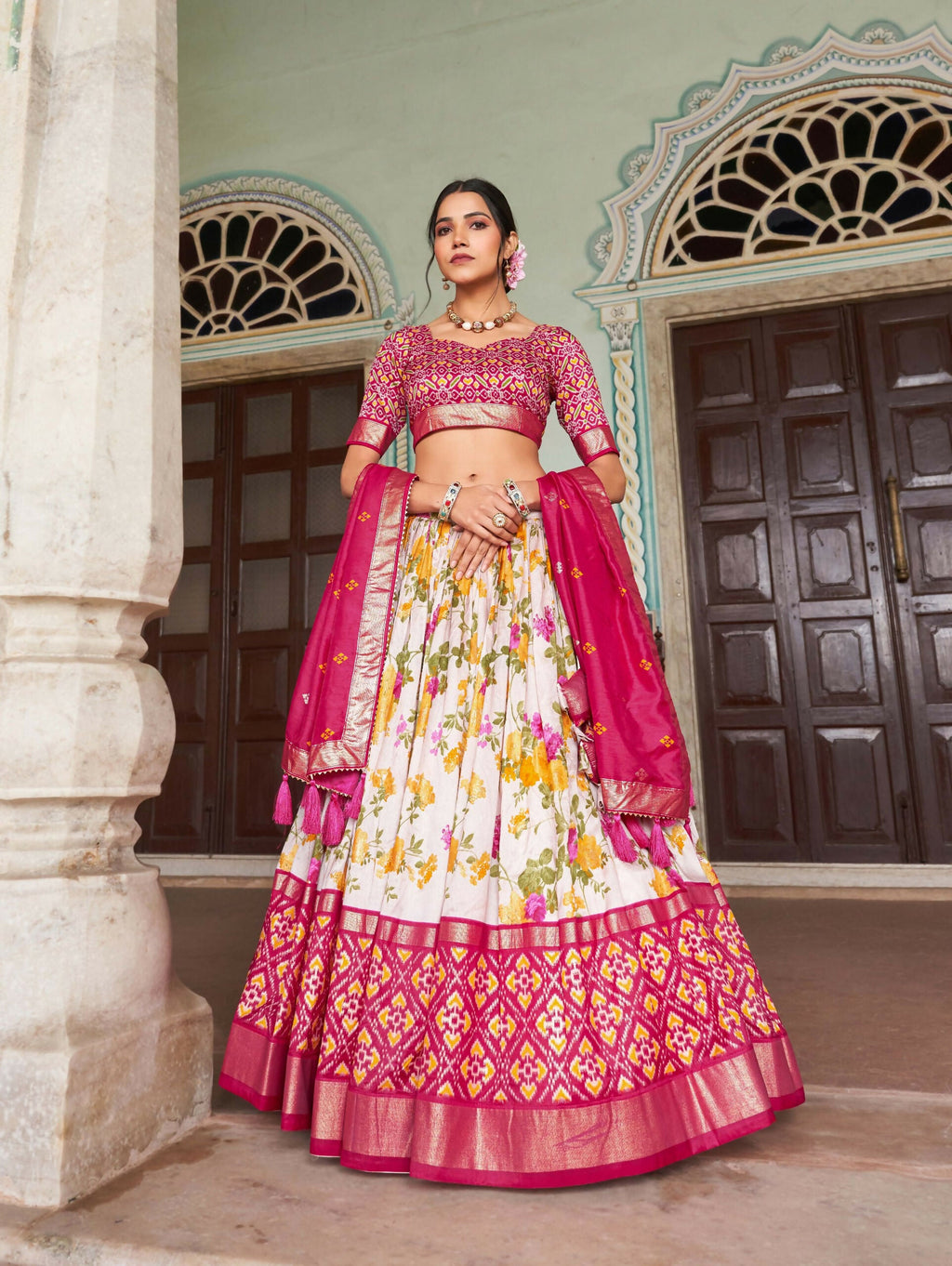 Vastranavya Exquisite Tussar Silk Lehenga Set With Perfect Floral And Patola Print Design Lehenga Choli - Pink | Grocsy