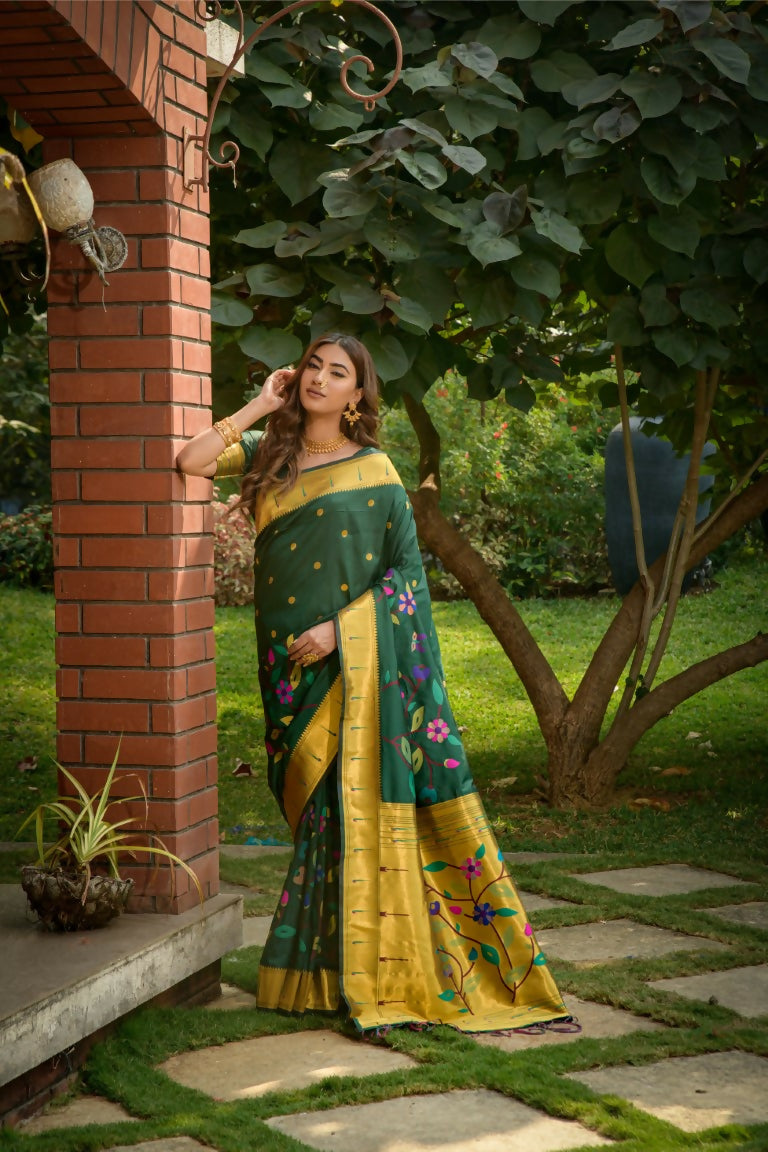 Jyoti Fashion Women's Bottle Green Paithani Silk Zari Woven Saree with Blouse | Grocsy