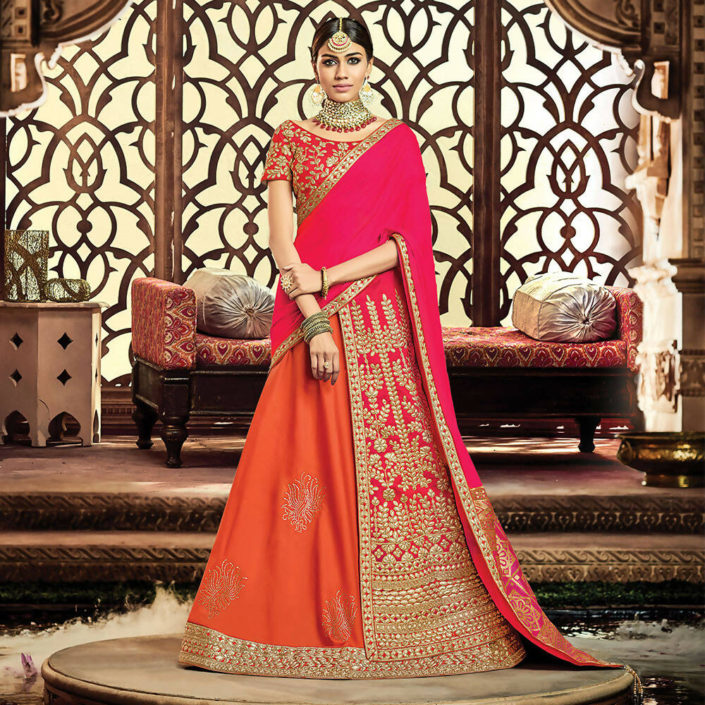 Orange, Pink Taffeta Silk, Raw Silk Gota Embroidery Semi-Stitched Lehenga Saree - Mohmanthan Dezzy | Grocsy