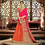 Orange, Pink Taffeta Silk, Raw Silk Gota Embroidery Semi-Stitched Lehenga Saree - Mohmanthan Dezzy | Grocsy
