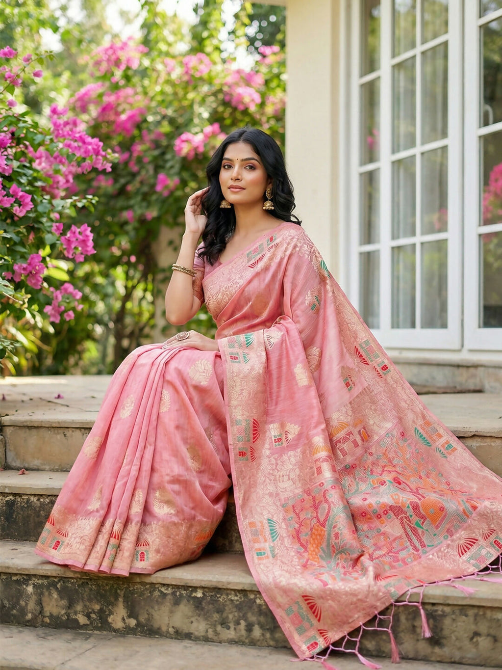 Shree Shyam Fashion Pink Linen Cotton Saree | Grocsy