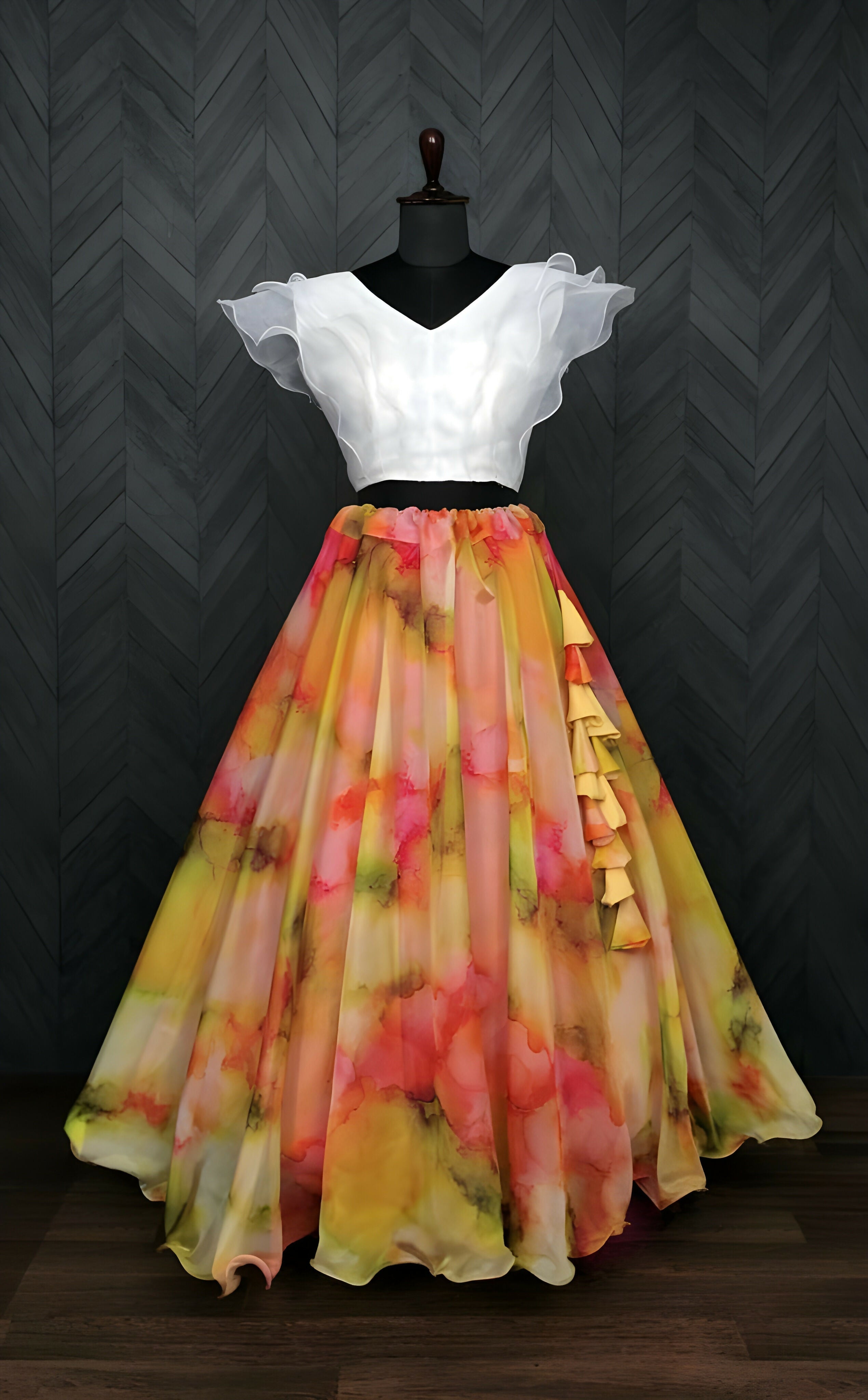 Dishitha Creation Floral Printed Stitched Lehenga & Crop Top - White & Orange | Grocsy