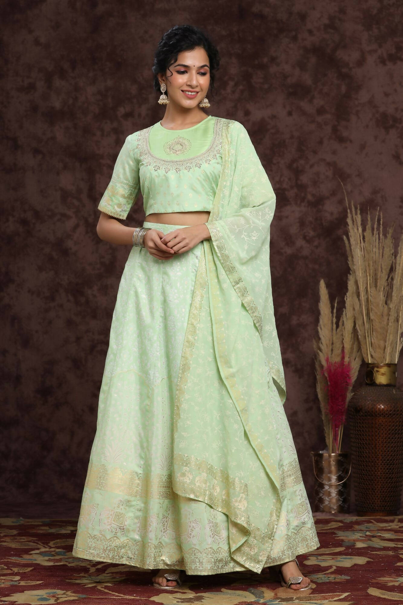 Juniper Women Mint Shantoon Embroidered Flared Lehenga Choli Sets | Grocsy
