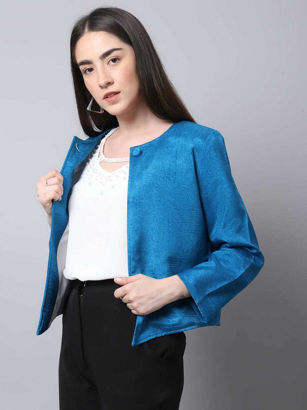 Even Apparels Blue 100% Viscose Open Front Statement Women's Jacket | Grocsy