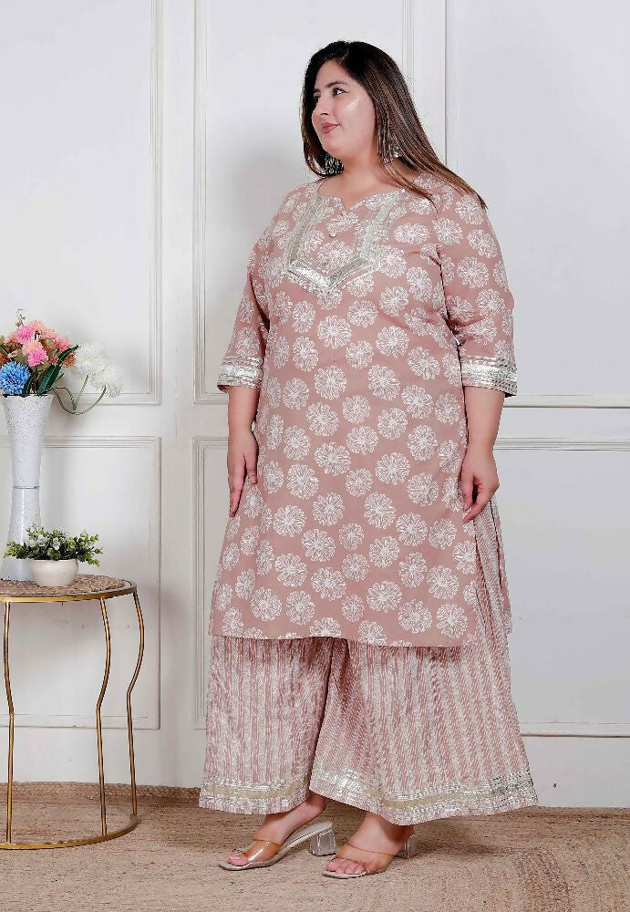 Miravan Plus Size Women Brown Floral Printed Straight Ethnic Kurta With Palazzo | Grocsy