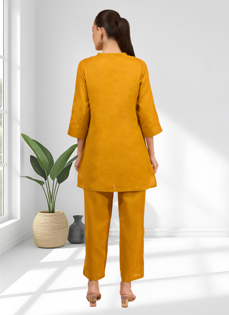 Joban Fashion Mustard Cotton, Linen Embroidered Readymade Cord Set | Grocsy