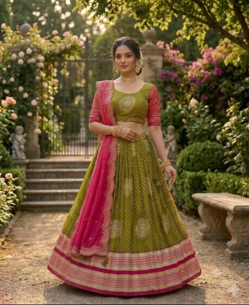Teeya Creation Festive Olive Green Pink Designer Lehenga Choli Scalloped Border Dupatta | Grocsy