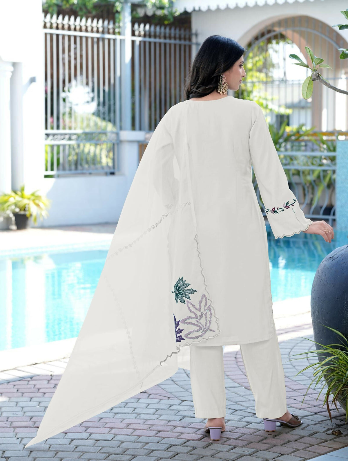 Nikhaar Cream Embroidered Art Silk Stitched Straight Cut Kurta Pants Dupatta Readymade Suit | Grocsy