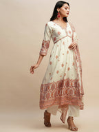White And Peach Pure Cotton Floral Printed Anarkali Kurta And Bottom With Dupatta - Akashara | Grocsy