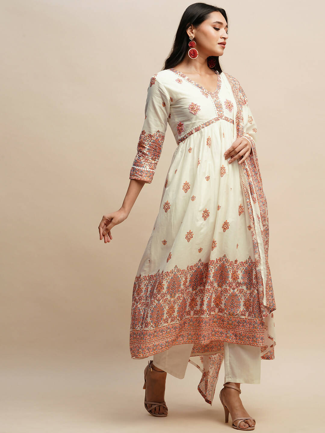 White And Peach Pure Cotton Floral Printed Anarkali Kurta And Bottom With Dupatta - Akashara | Grocsy
