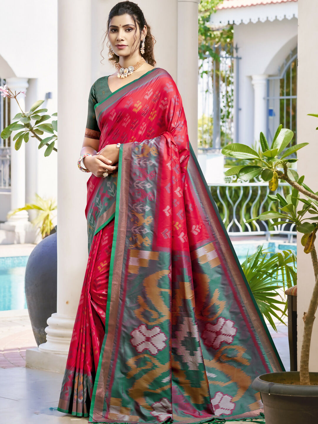 Shree Shyam Fashion Pochampalli Silk Red Saree | Grocsy