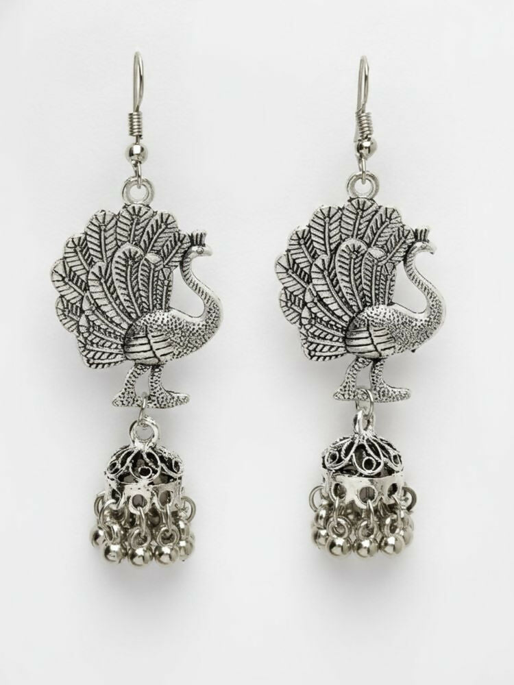 NVR Women Peacock Design German Silver Oxidised Jhumka Earrings | Grocsy