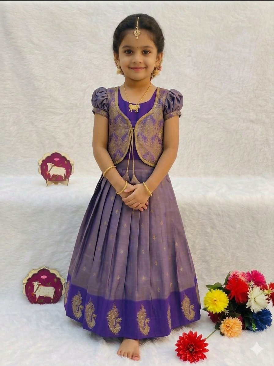 Teeya Creation New Latest Girls Purple Silk Pattu Pavadai Lehenga Choli Set With Brocade Koti-Purple | Grocsy