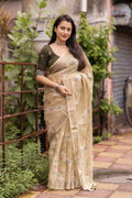 Olive Pure Linen Ethnic Motifs Saree with Unstitched Blouse - A2M | Grocsy