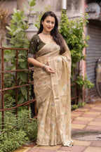Olive Pure Linen Ethnic Motifs Saree with Unstitched Blouse - A2M | Grocsy