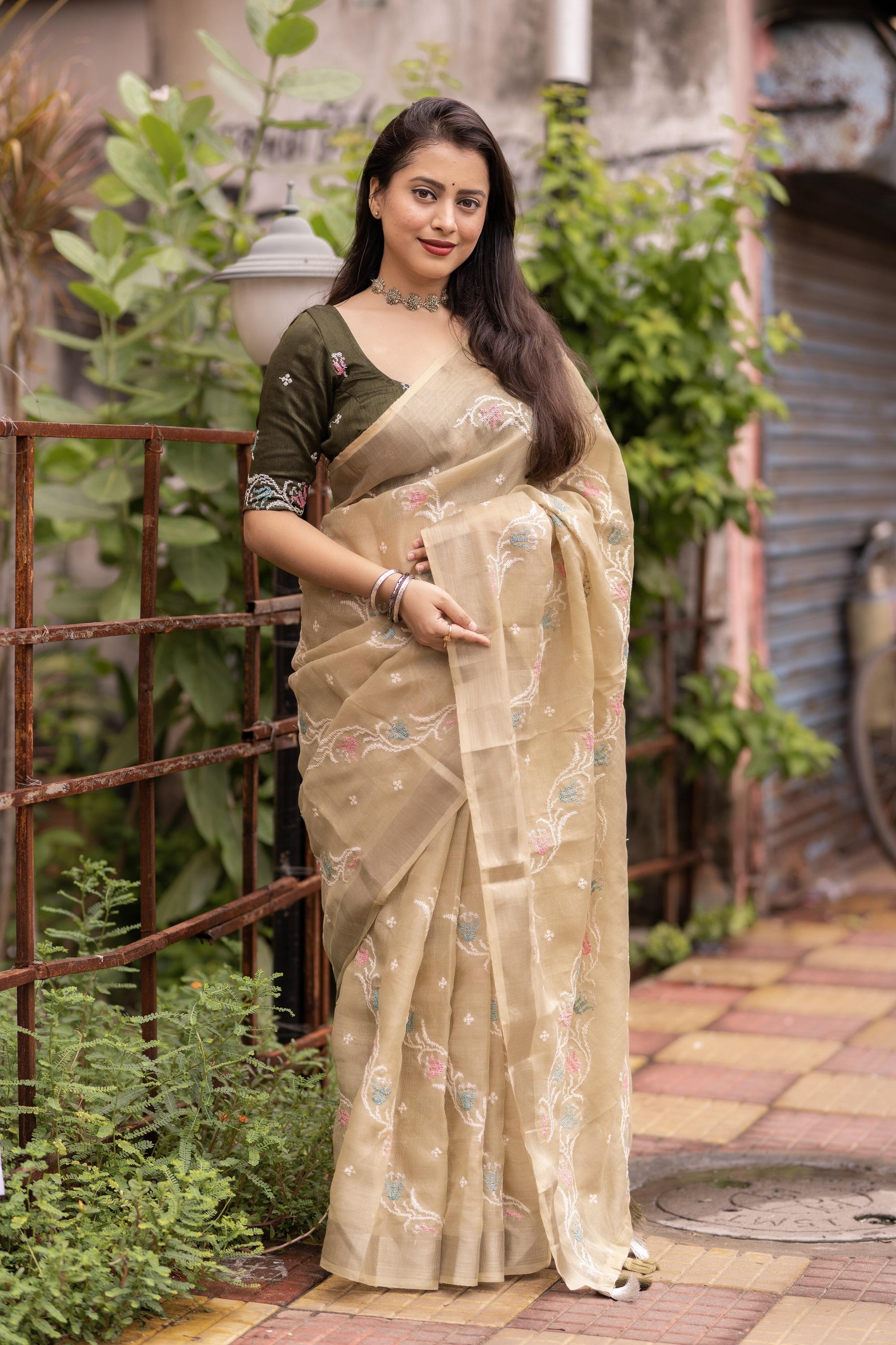 Olive Pure Linen Ethnic Motifs Saree with Unstitched Blouse - A2M | Grocsy