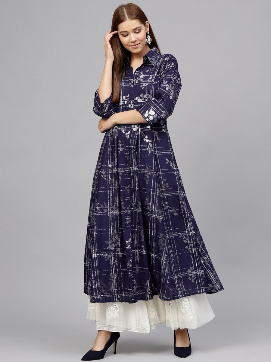Ahalyaa Women's Navy Blue Cotton Printed Kurta | Grocsy