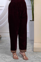 Miravan Women's Wine Embroidered Velvet Co-ord Set | Grocsy