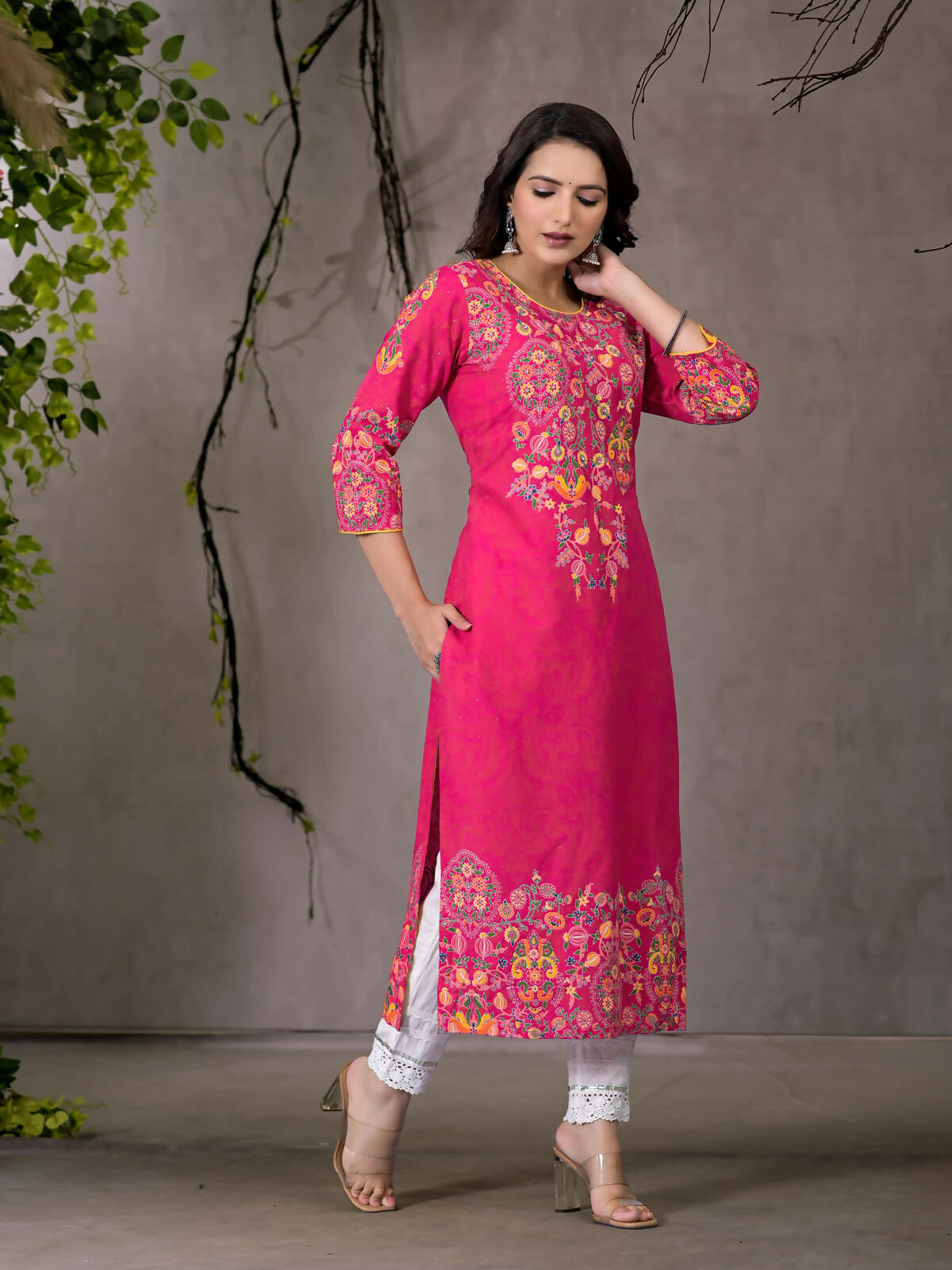 Juniper Women's Pink Thread Embroidered Liva Rayon Kurta With Sequins & Beads | Grocsy