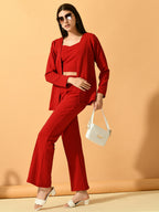Myshka Women's Red Solid Coat With Trousers | Grocsy