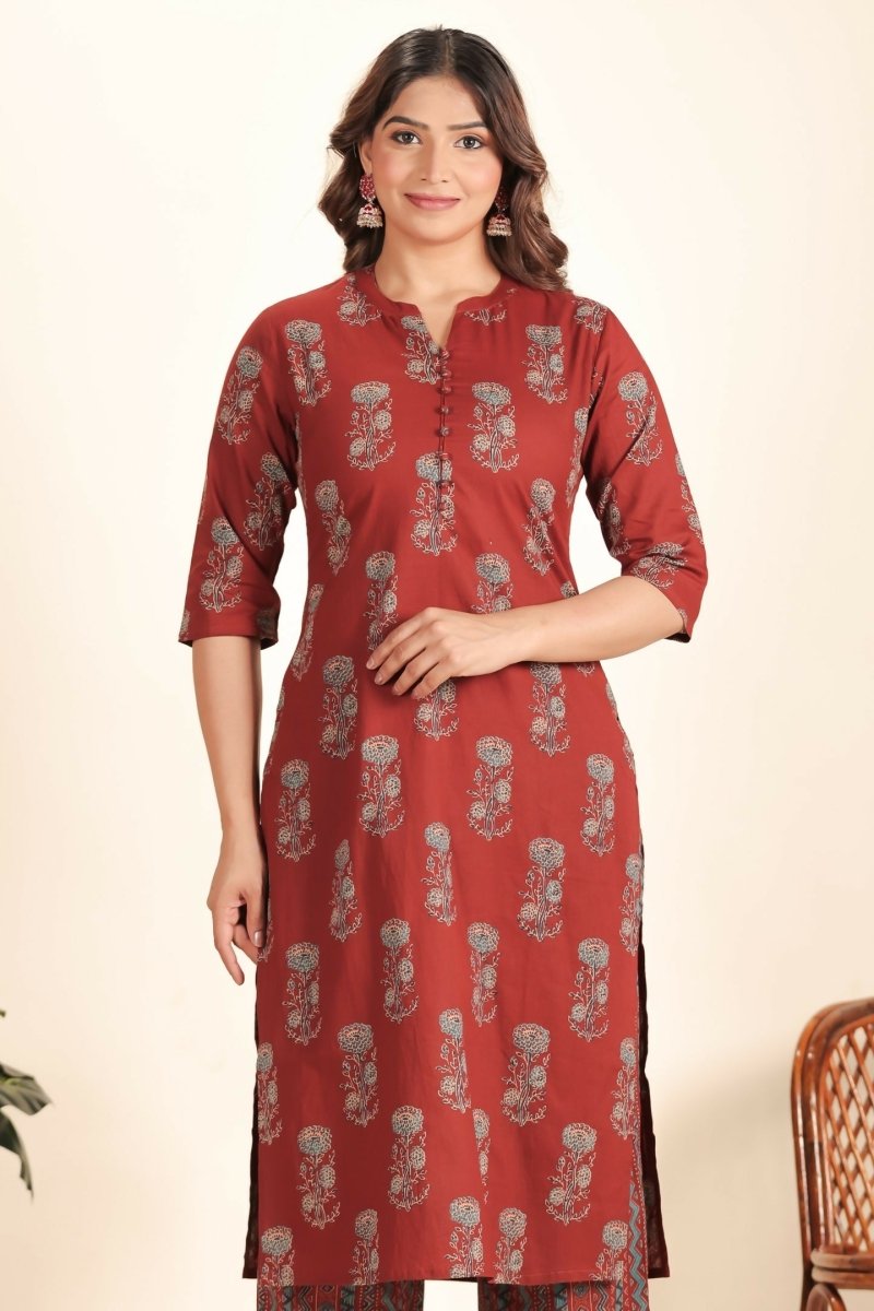 Aramya Maroon Soft Cotton Floral Straight Kurta for Women | Grocsy