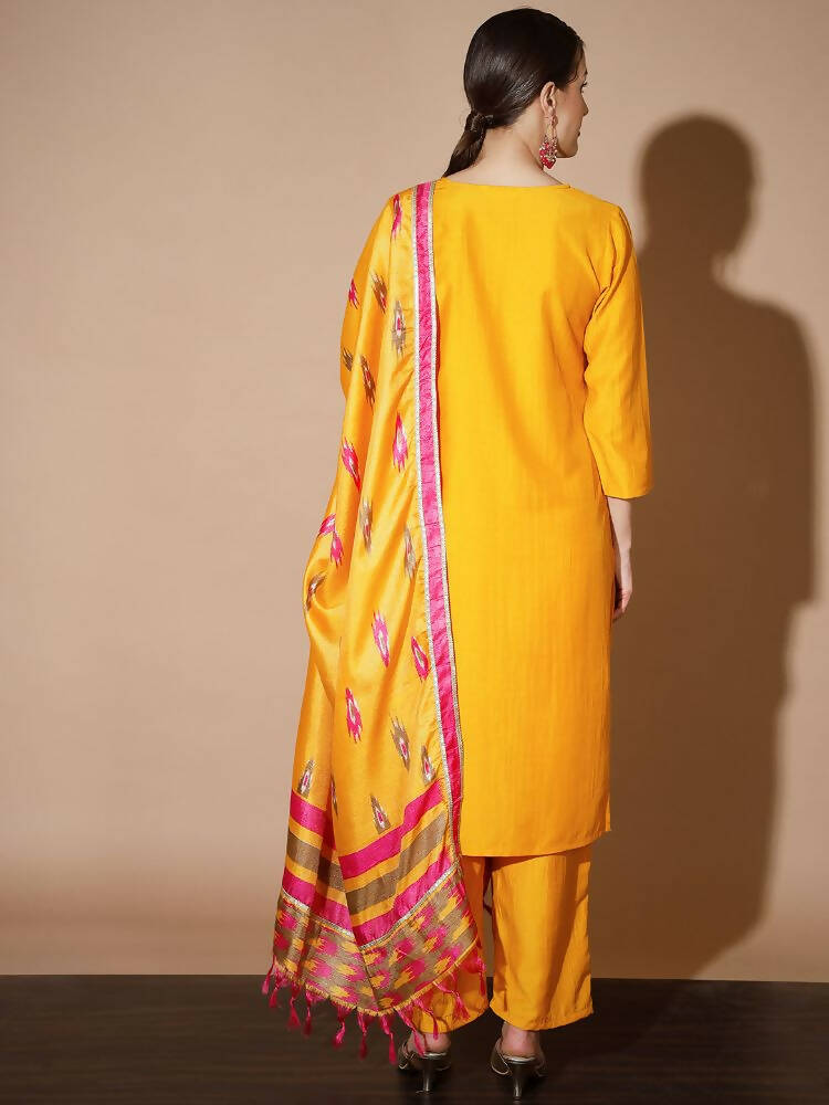 Myshka Women Mustard Solid Kurta & Palazzos With Dupatta | Grocsy