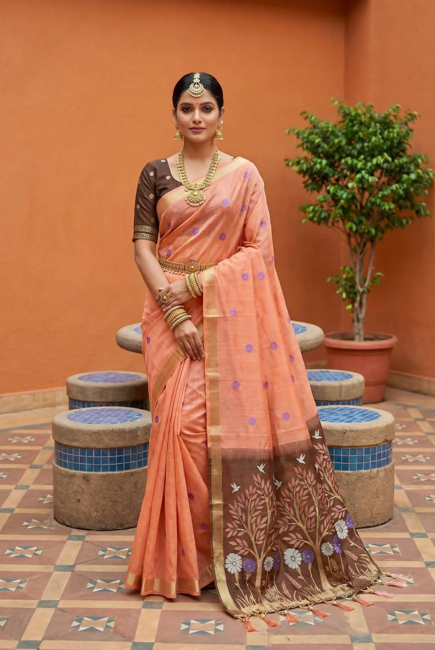 Vastranavya Peach Muga Cotton Meenakari & Azarakh Pallu Saree with Contrast Blouse | Grocsy