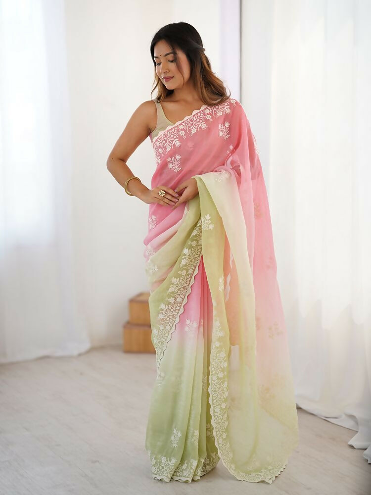 Pink Crunchy Silk Embroidery WorkParty Wear Saree - Lakshita | Grocsy